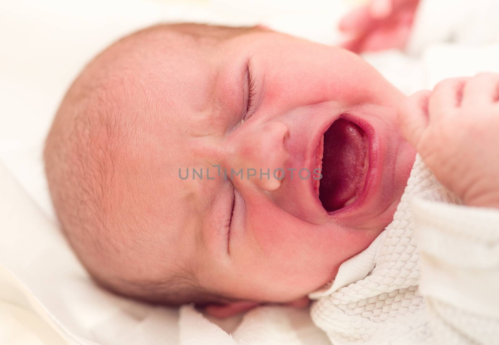 crying newborn baby in the hospital - the first hours of the new life