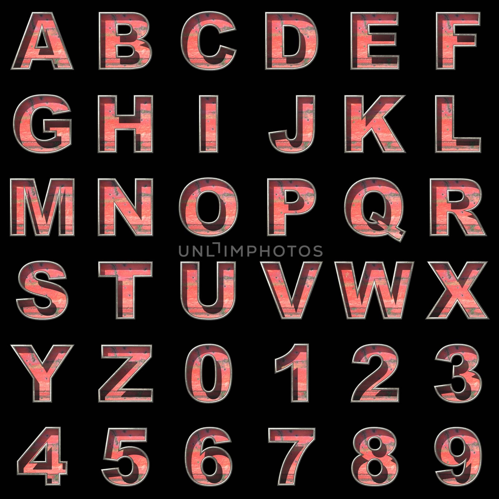 old metal alphabet set on black background