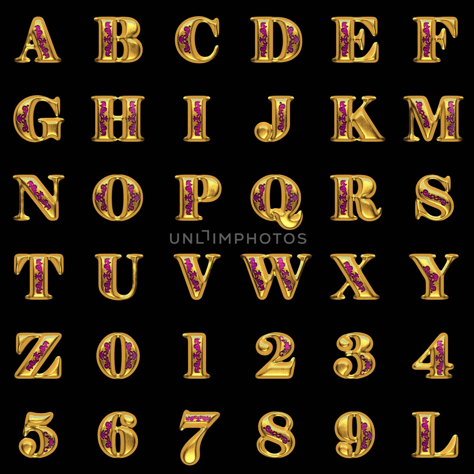 golden alphabet set on black background