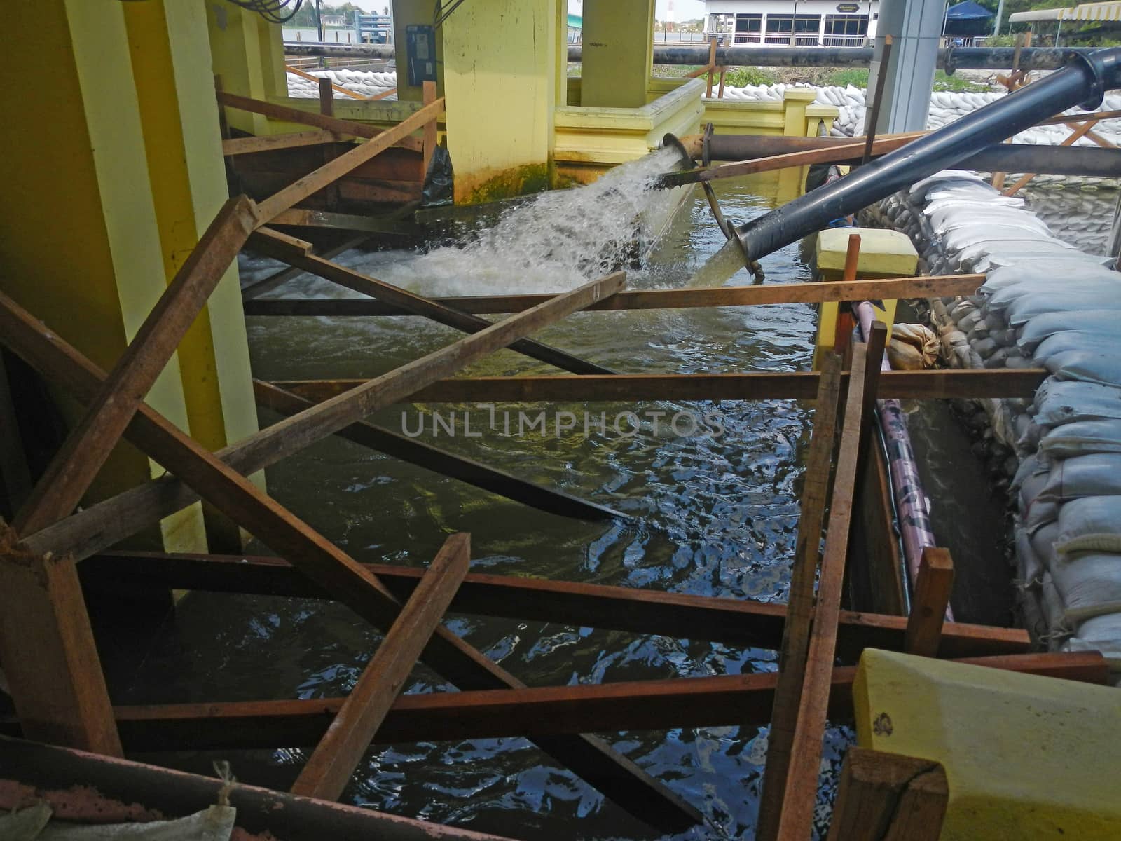 Sand bags help keep flood waters out of a town Process Flood protection