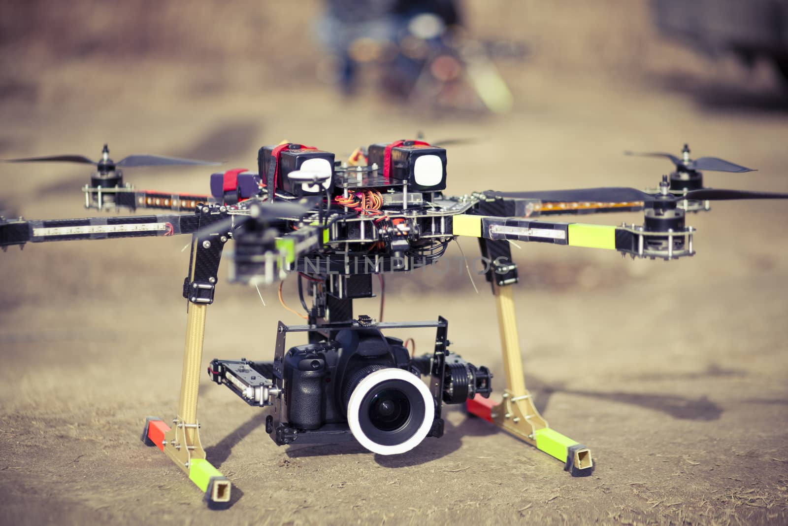 Preparing to take aero photo using octocopter flying drone