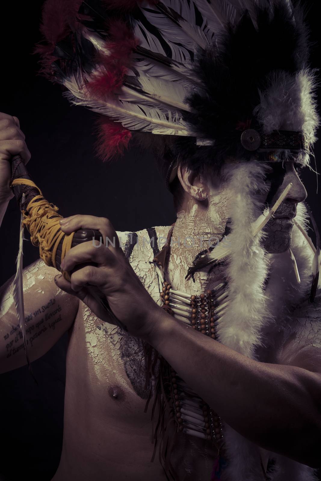 American Indian chief with big feather headdress by FernandoCortes