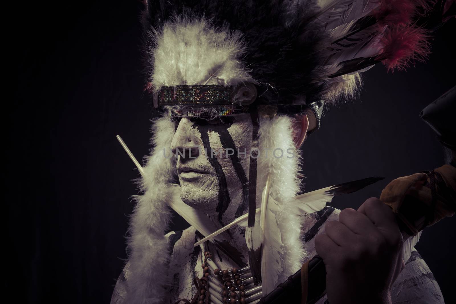 American Indian chief with big feather headdress by FernandoCortes