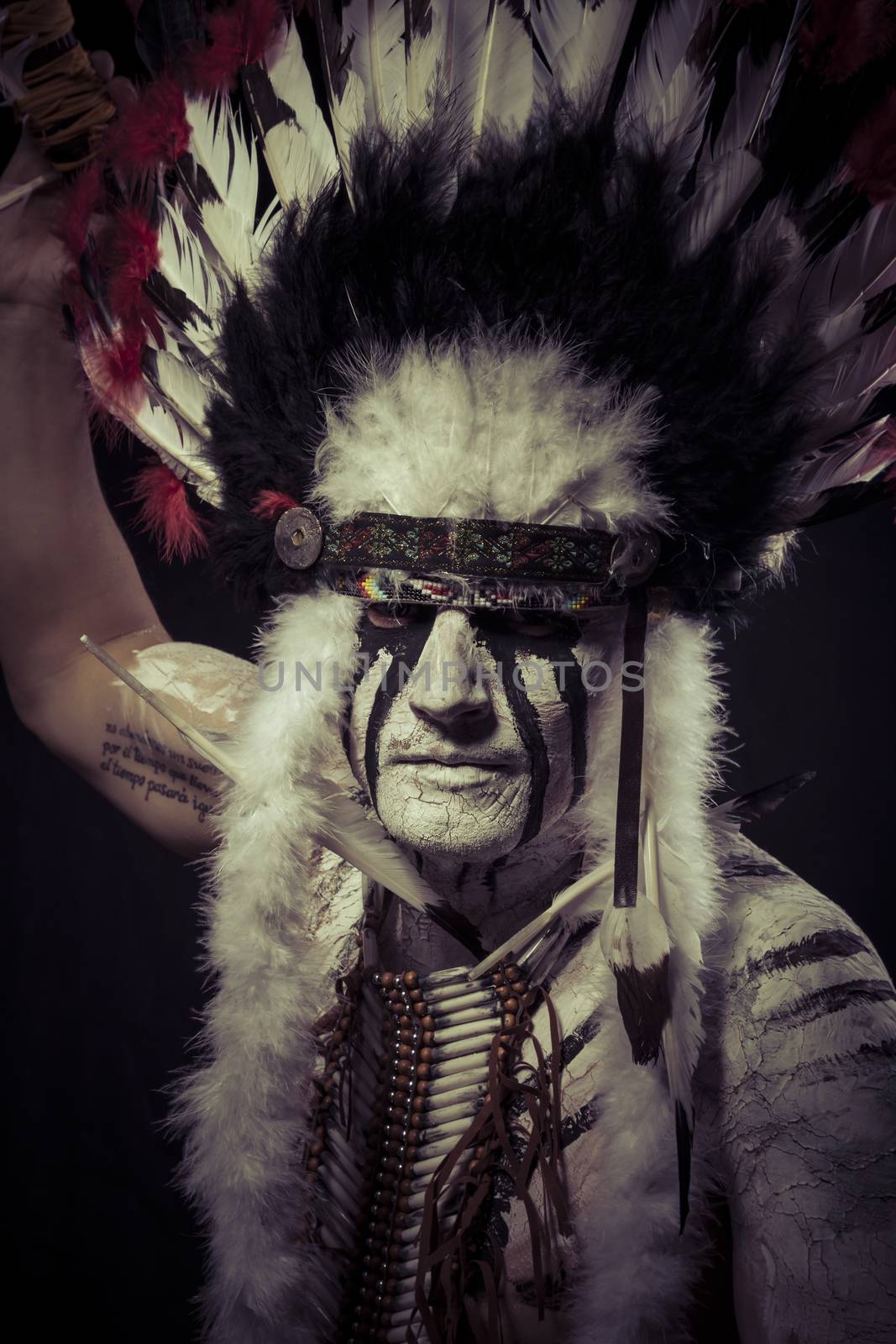 American Indian chief with big feather headdress by FernandoCortes