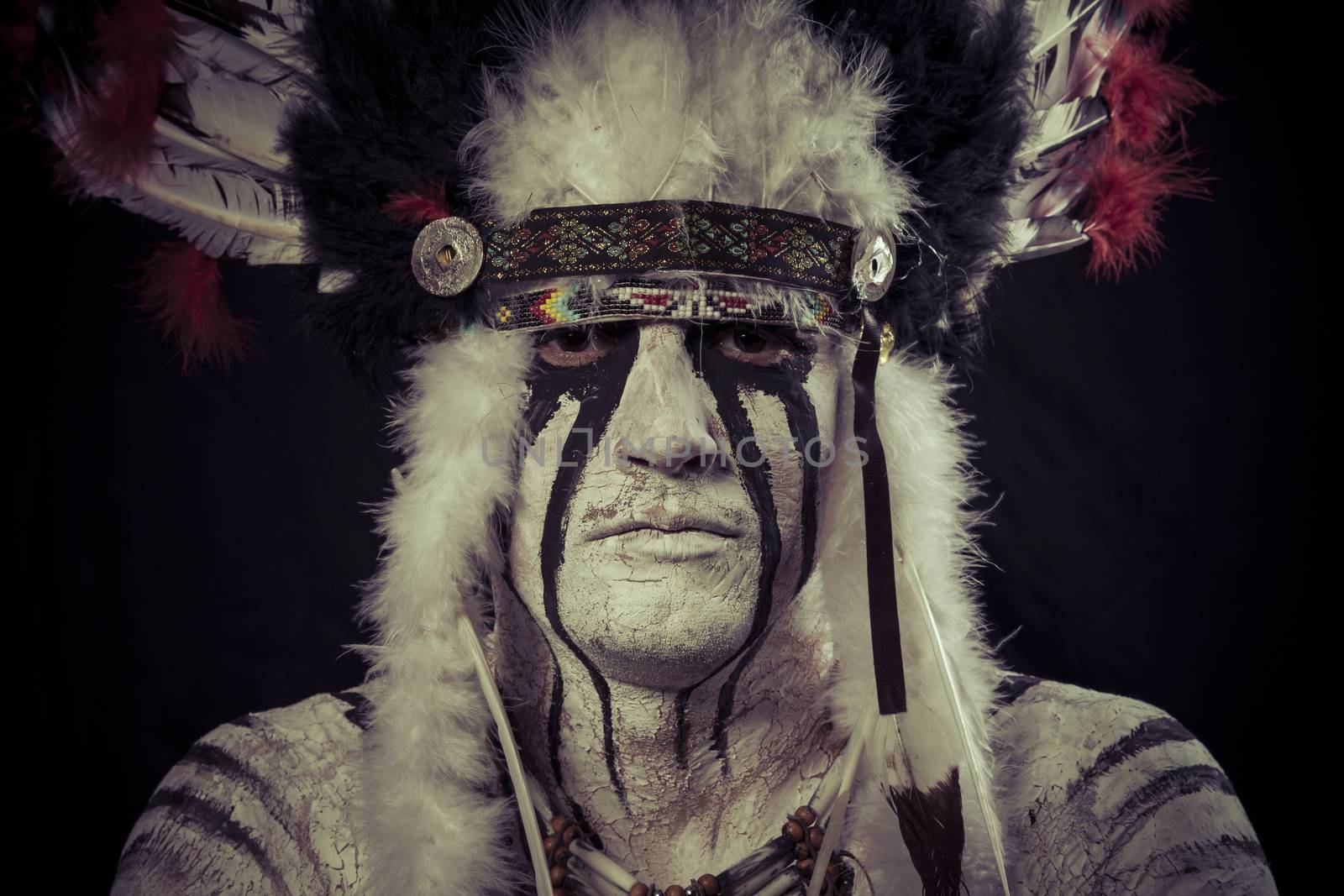 Native, American Indian chief with big feather headdress