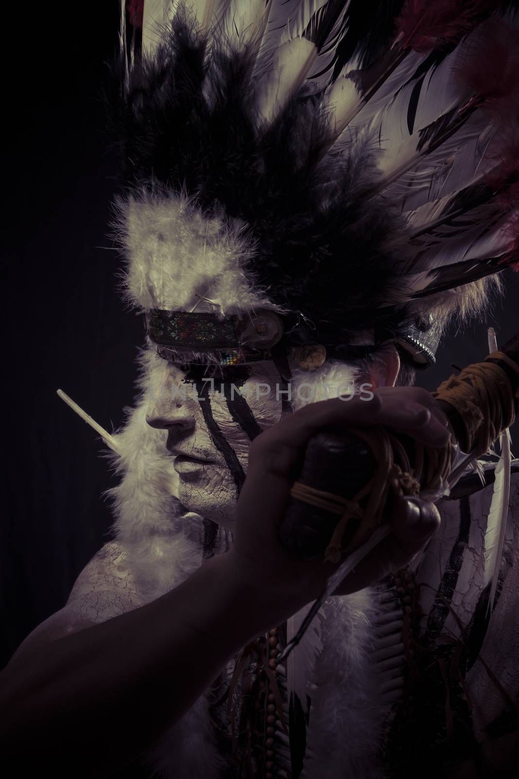 American Indian chief with big feather headdress, warrior