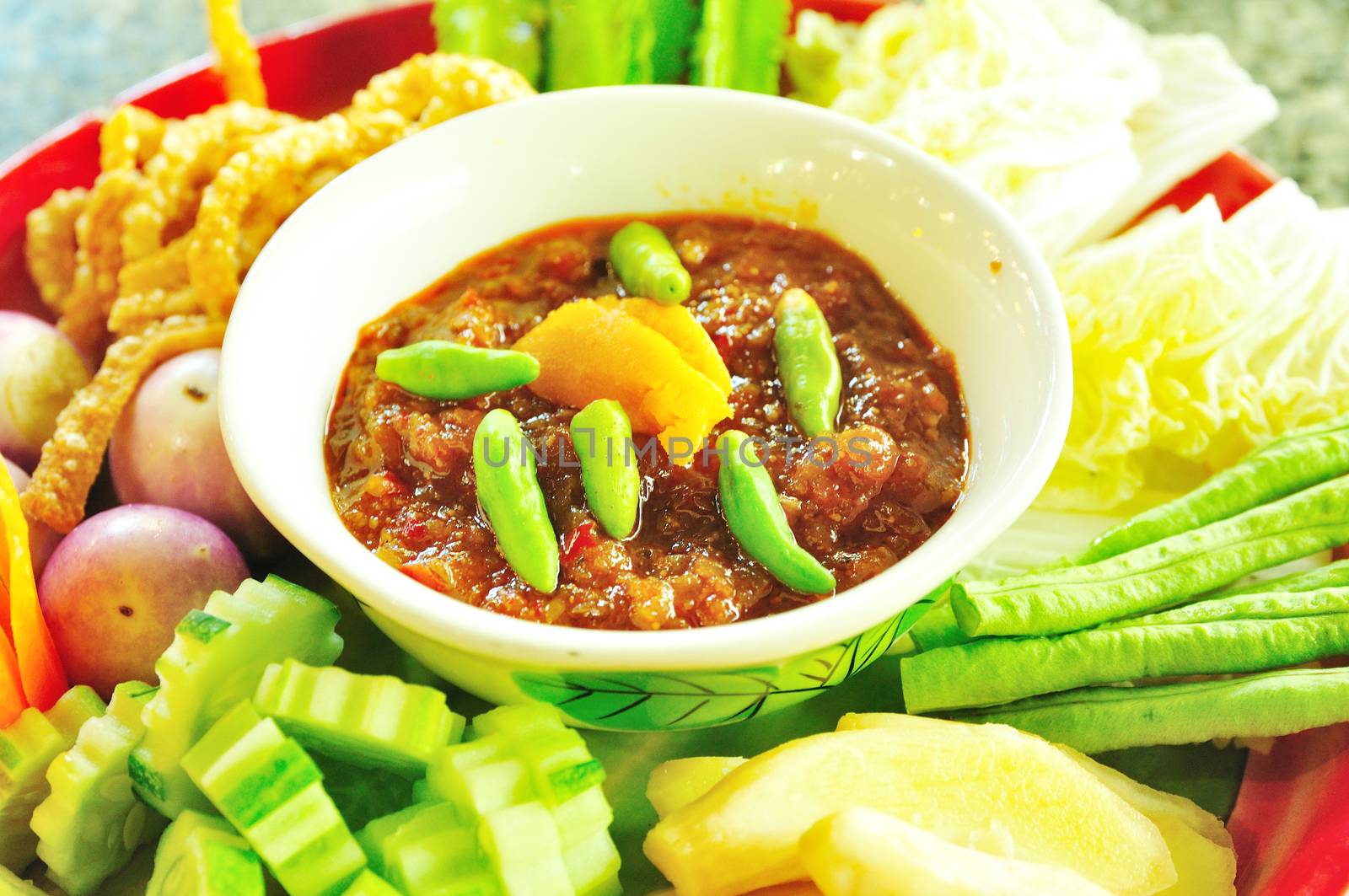 Thai food, spicy crab egg paste with boiled vegetable 