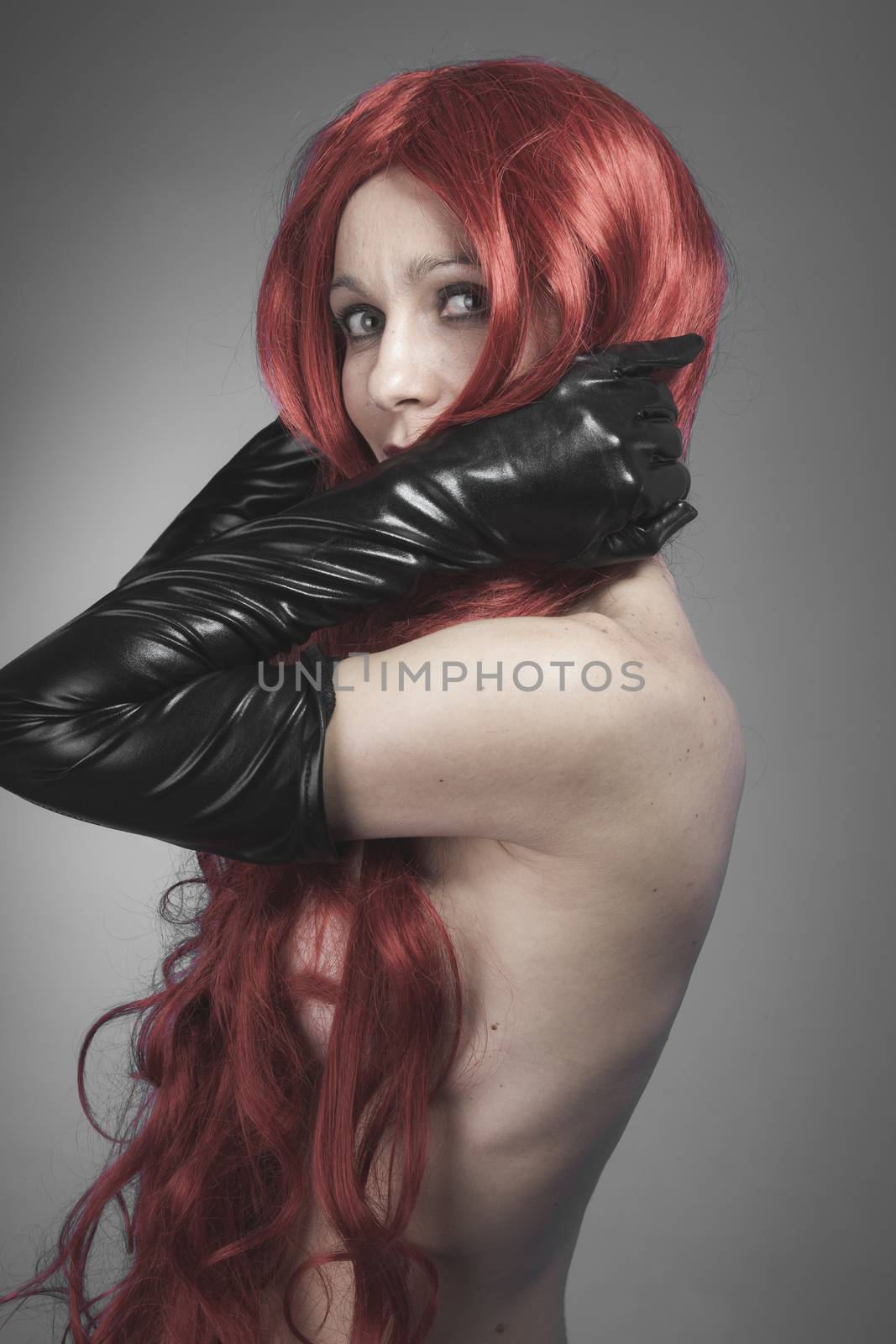 Sensuality, Female, redhead woman with black latex gloves, bare by FernandoCortes