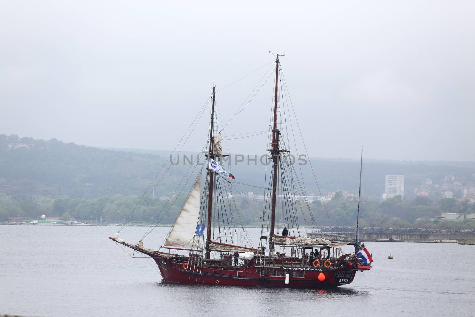 VARNA, BULGARIA- MAY 3  2014: SCF Black Sea Tall Ships Regatta. The ATYLA schooner flying under the Spain flag