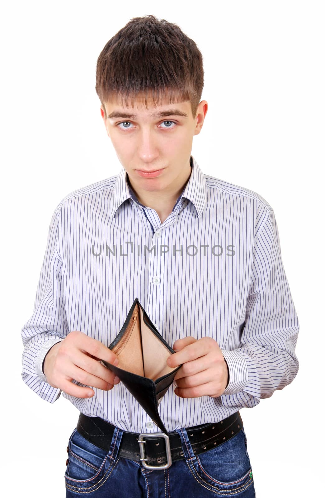 Sad Teenager with Empty Wallet Isolated on the White Background