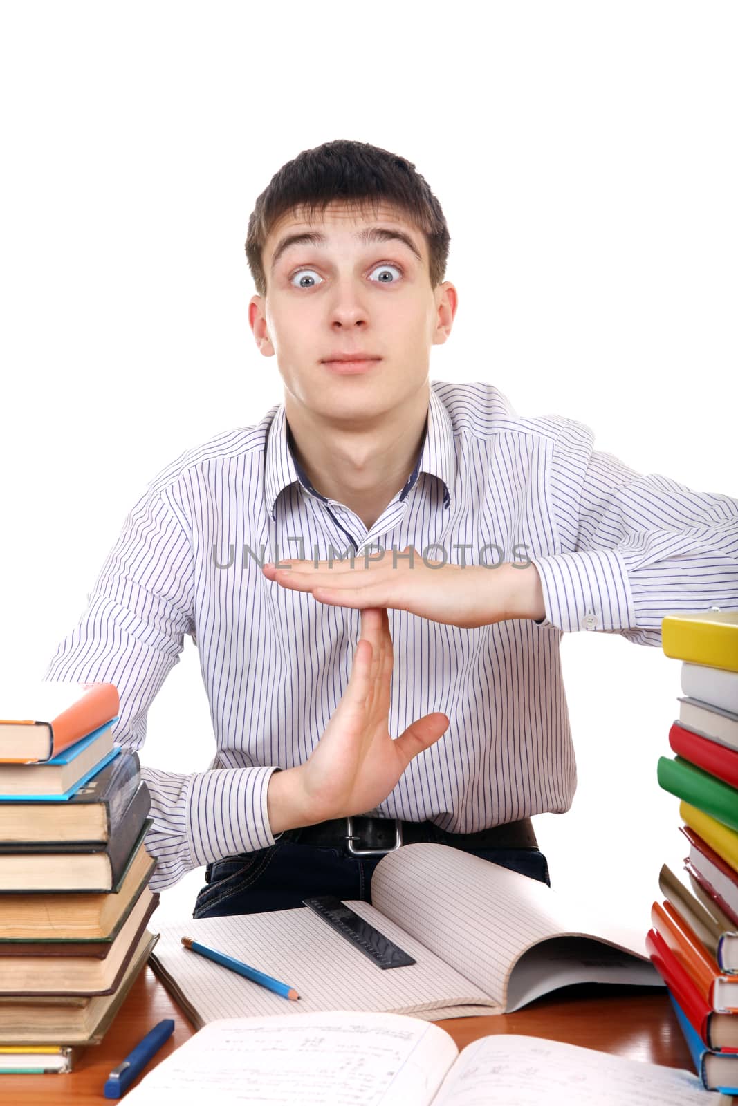 Student showing Time Out Gesture on the white background