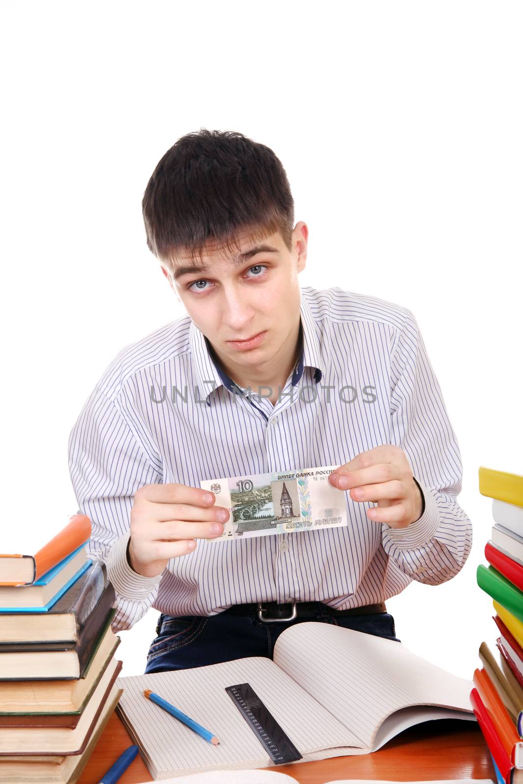 Dissatisfied Student with Russian Currency at the School Desk on the white background