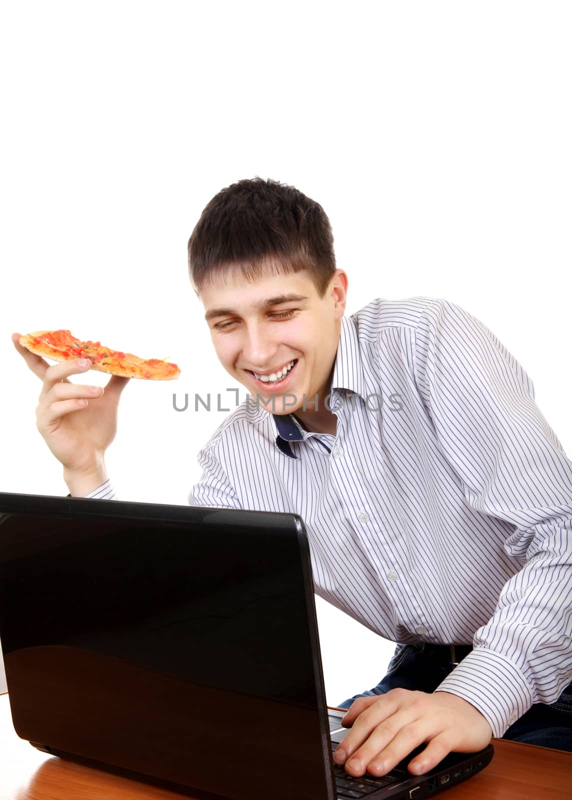 Cheerful Teenager with Laptop and Pizza Isolated on the White background