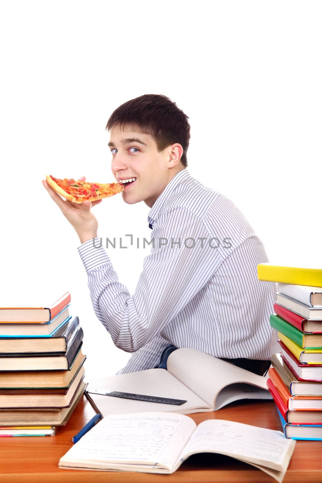 Hungry Student eating a Pizza at the School Desk on the White Background