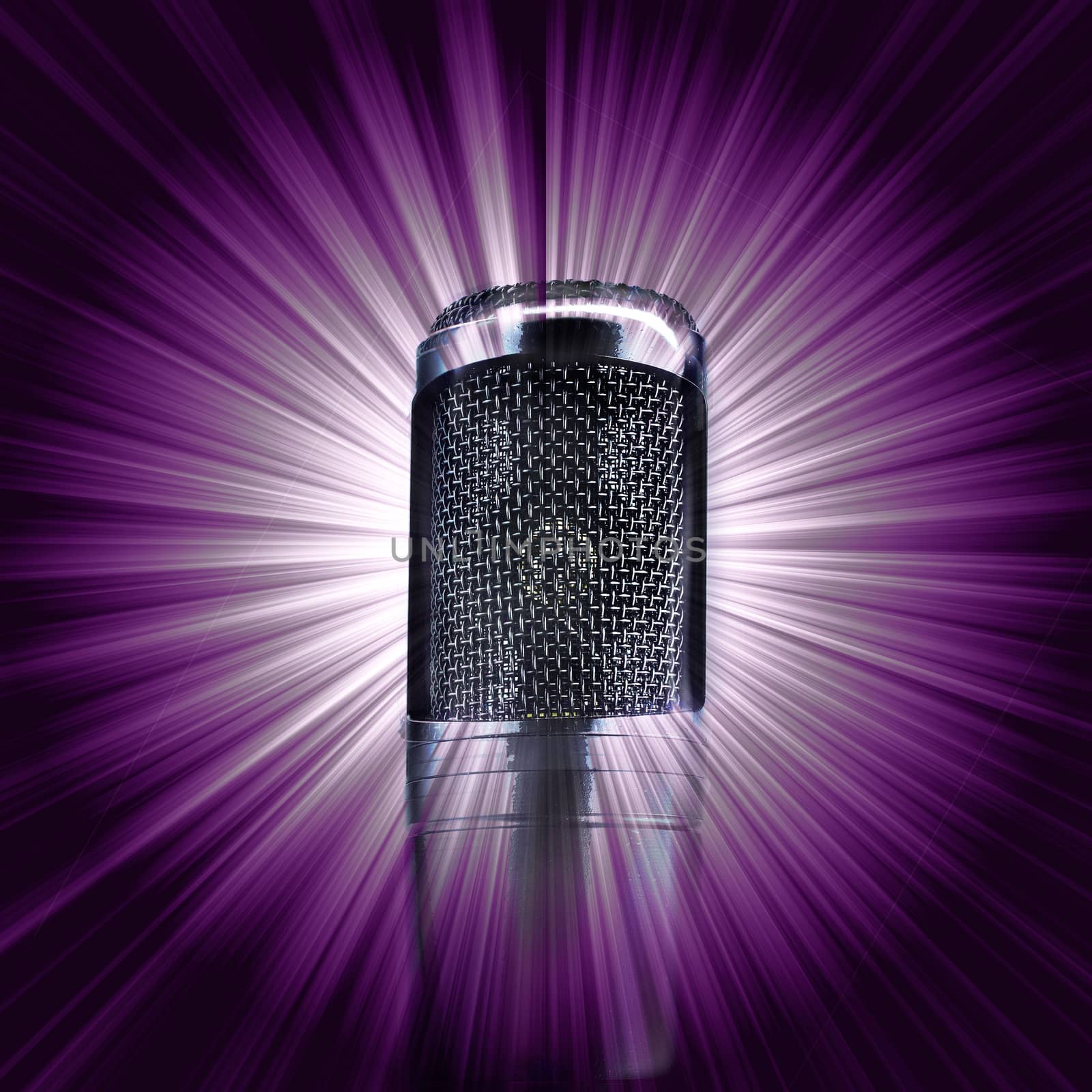 Microphone on abstract purple sunburst background