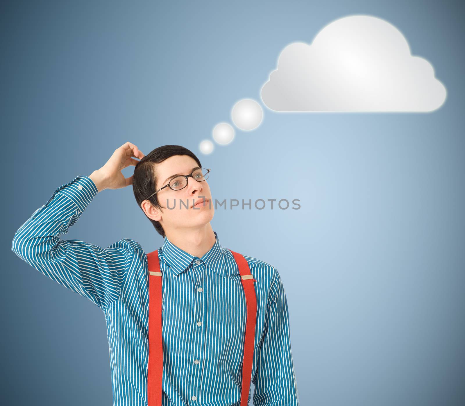 Nerd geek businessman thinking cloud or computing by alistaircotton