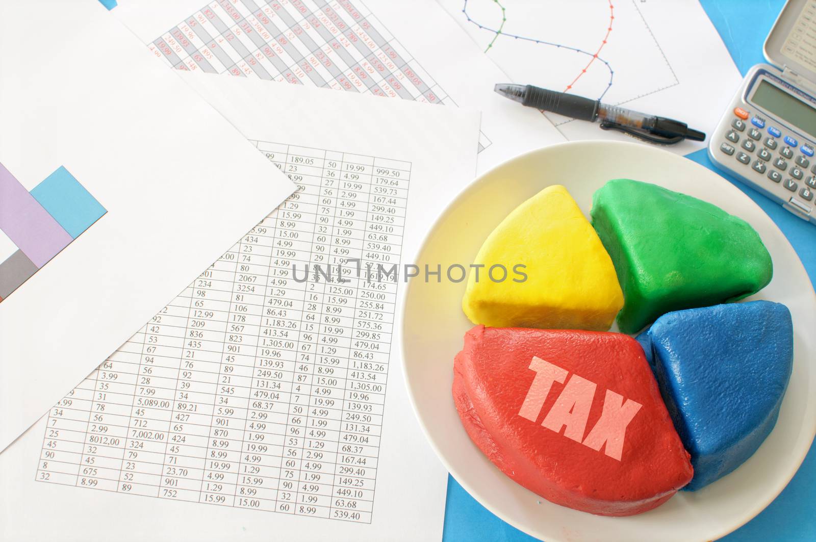 Pie chart cut into slices with one section labeled tax 