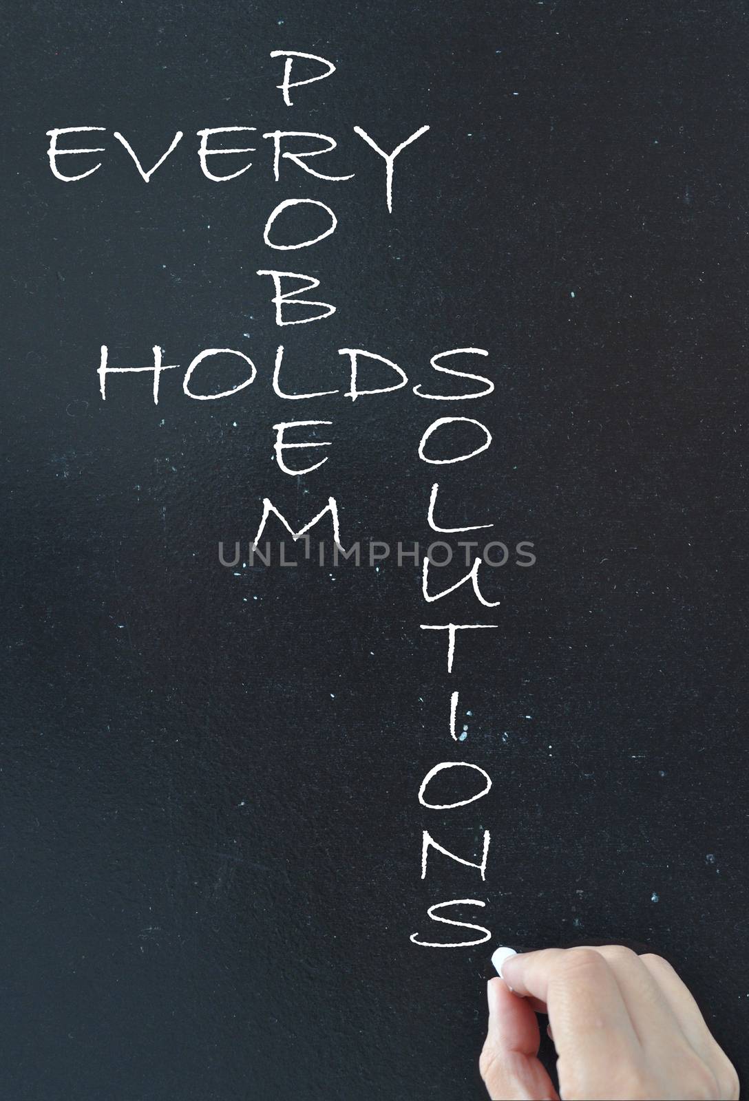 Every problem holds solutions motivational saying handwritten on a chalkboard  