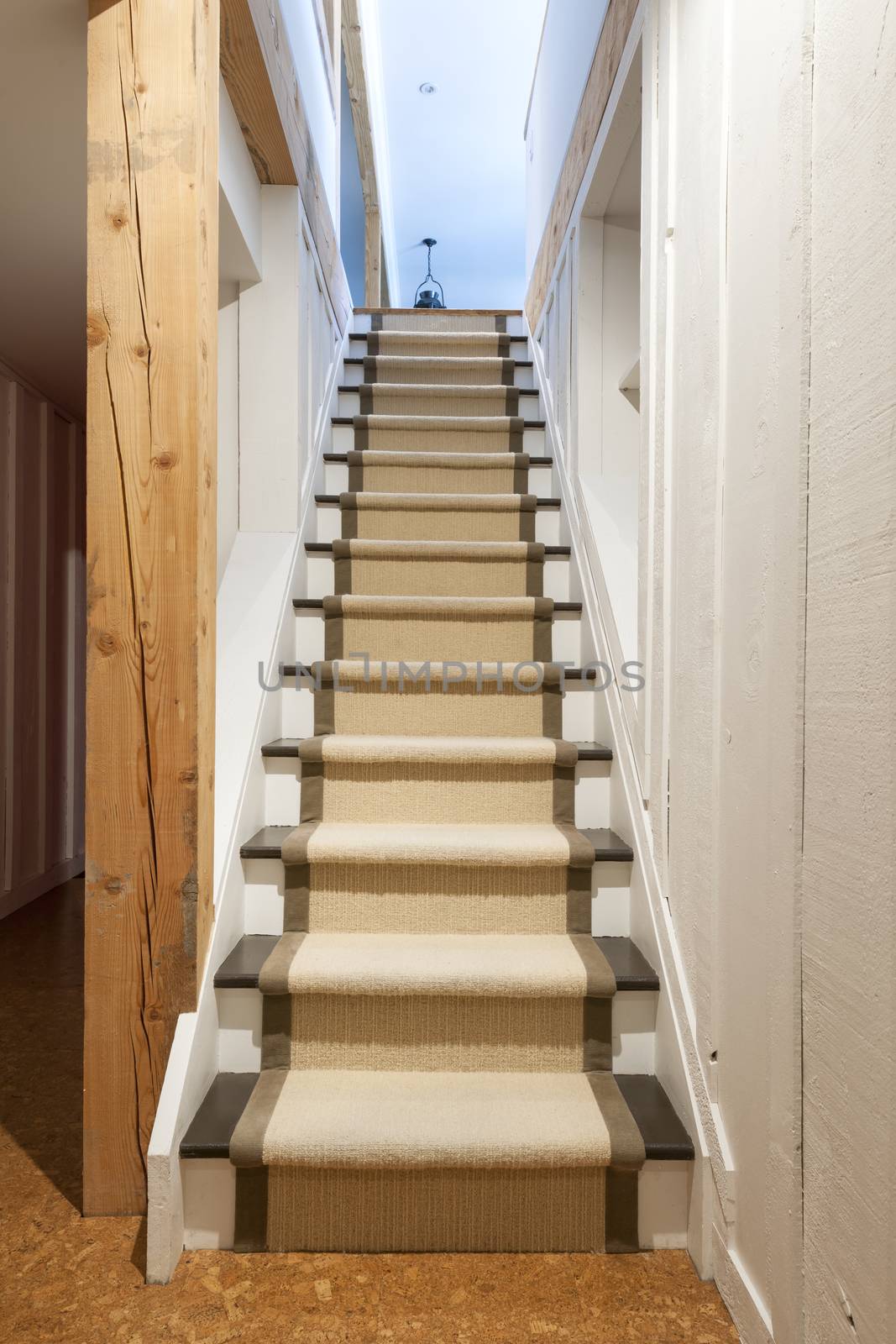Stairway to basement in home interior with wood paneling