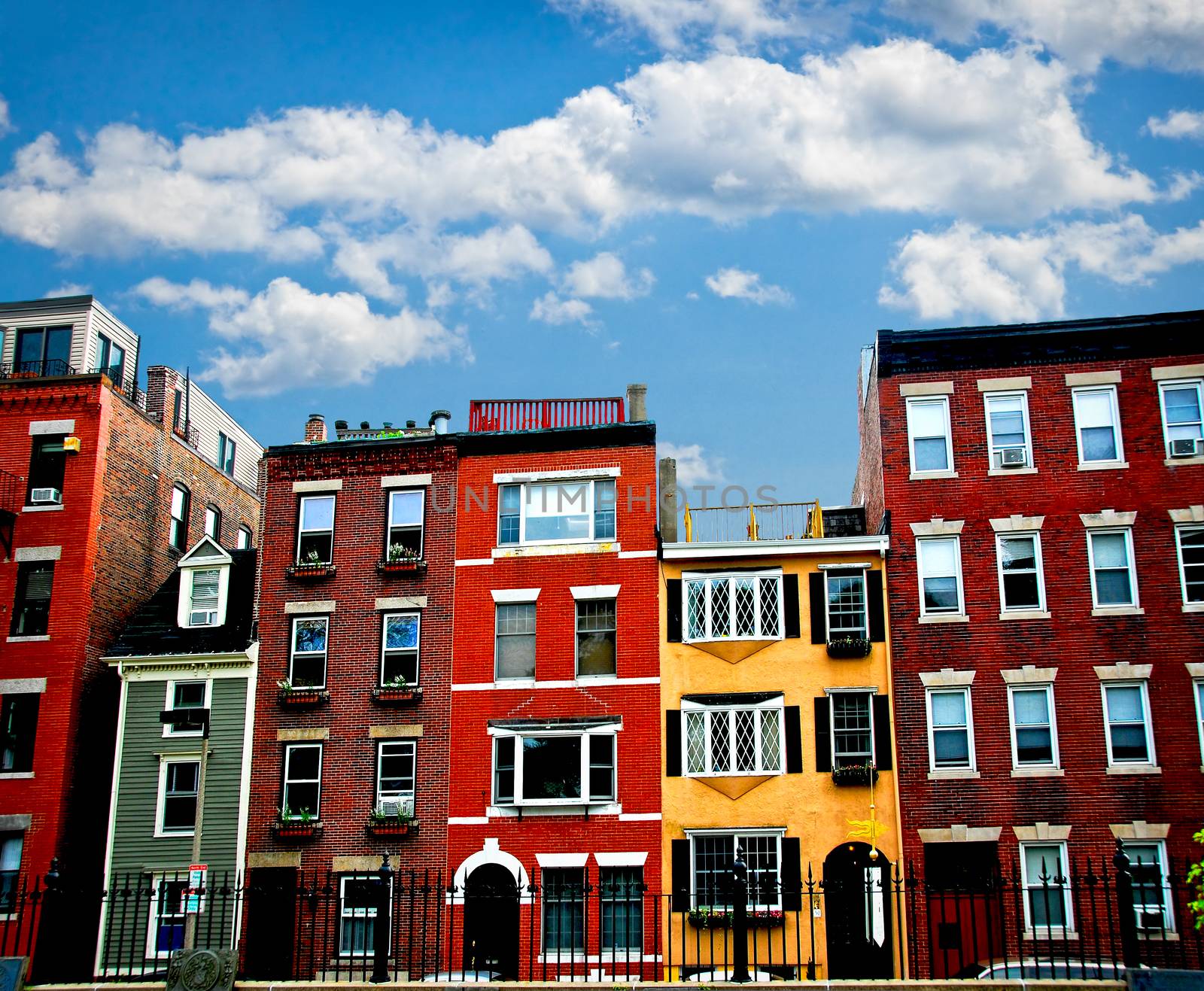 Row of brick houses in Boston historical North End