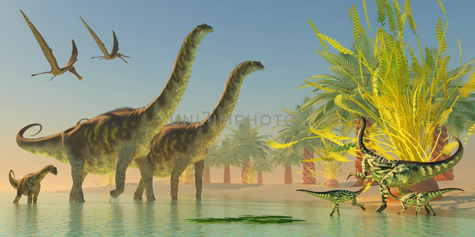 A mother Deinocheirus dinosaur and two Anhanguera watch as Argentinosaurus make their way through swallow lake waters.