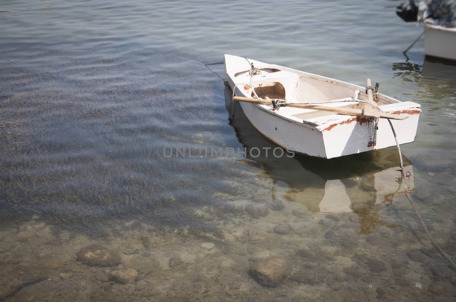 Old white row boat moored on peaceful shallow and transparent water.