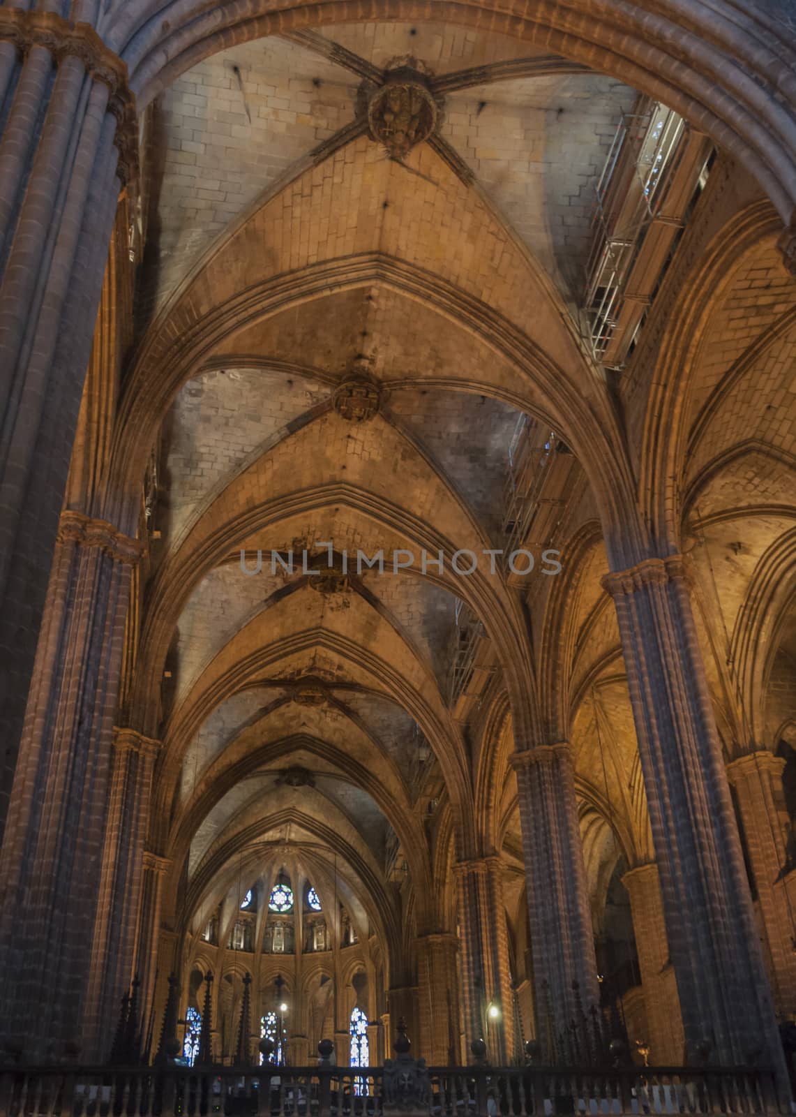 Arcade with fan vault ceiling, Barcelona Cathedral, Spain. Barcelona Cathedral is situated in the Gothic quarters, not to be confused with Sagrada Familia. Barcelona, Spain.