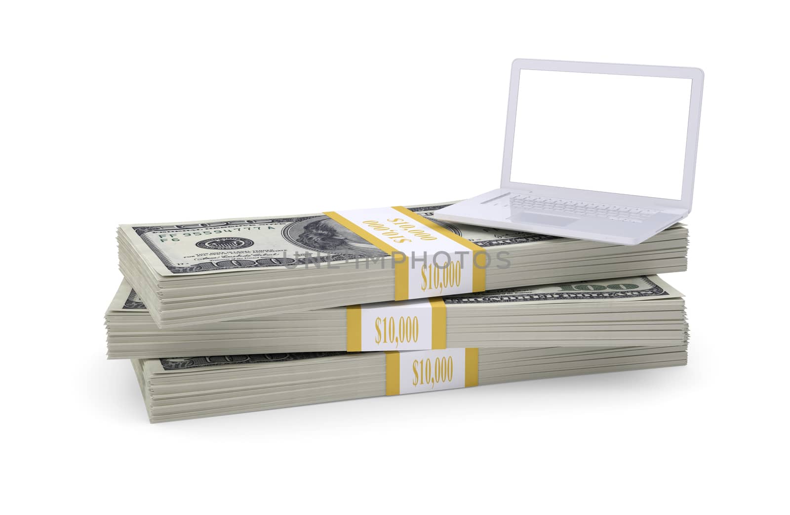 Laptop stand on pack of dollars. White background