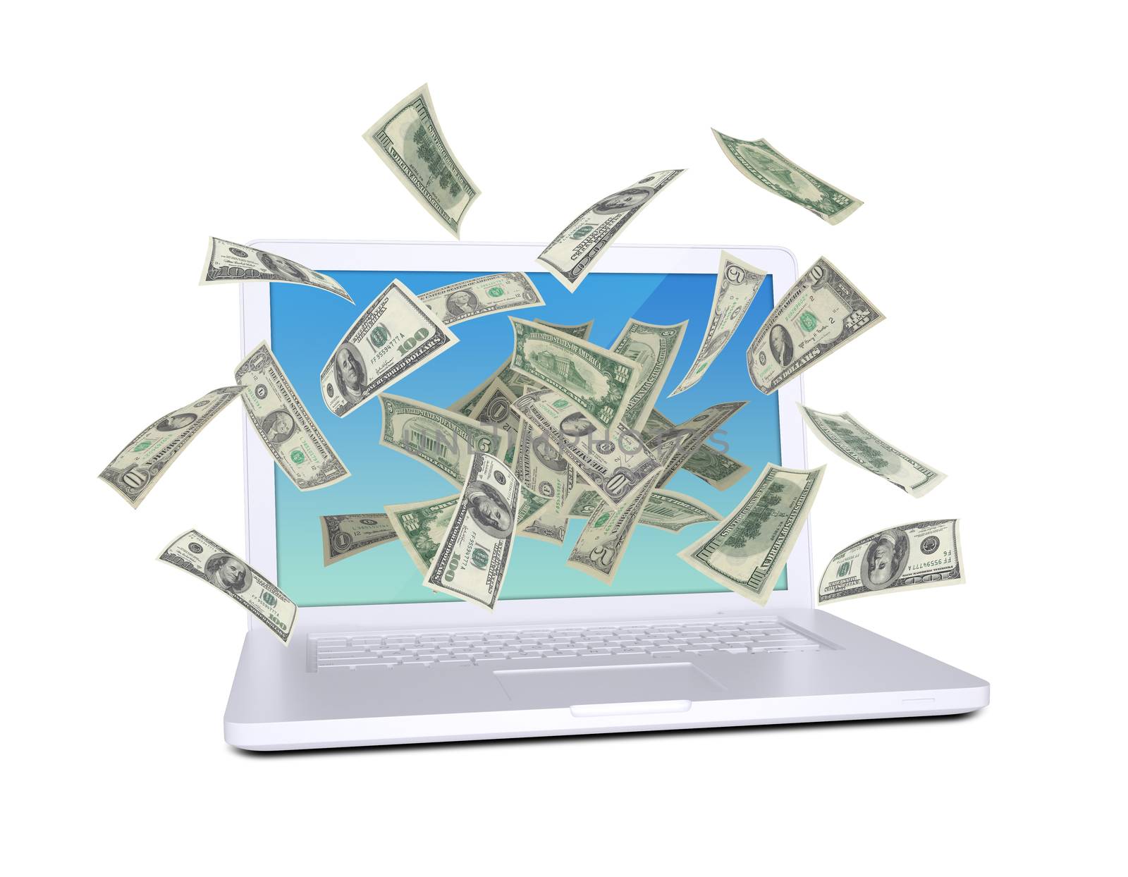 Dollar notes flying around the laptop by cherezoff