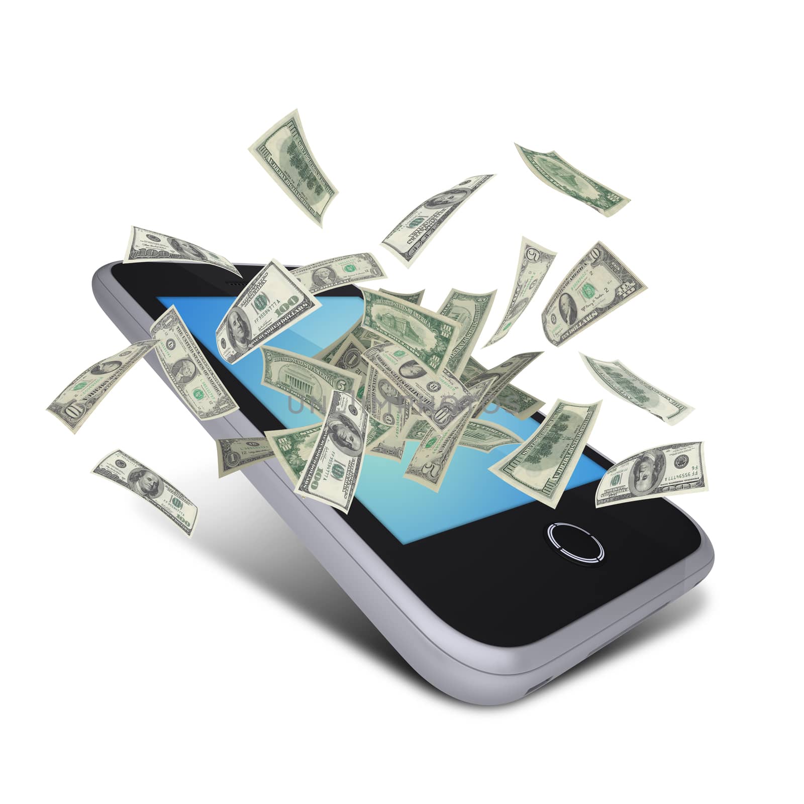 Dollar notes flying around the smart phone by cherezoff