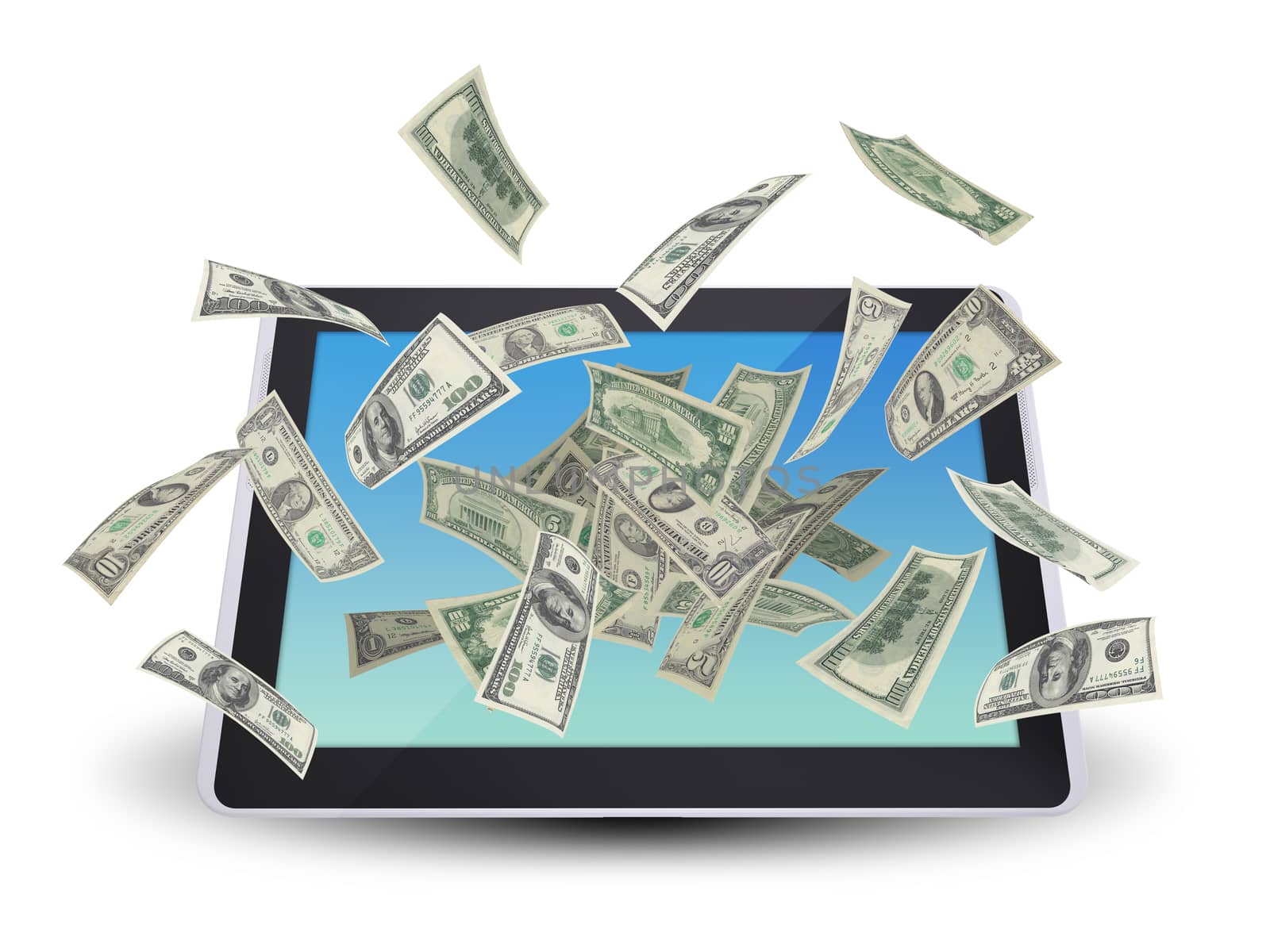Dollar notes flying around the tablet pc by cherezoff