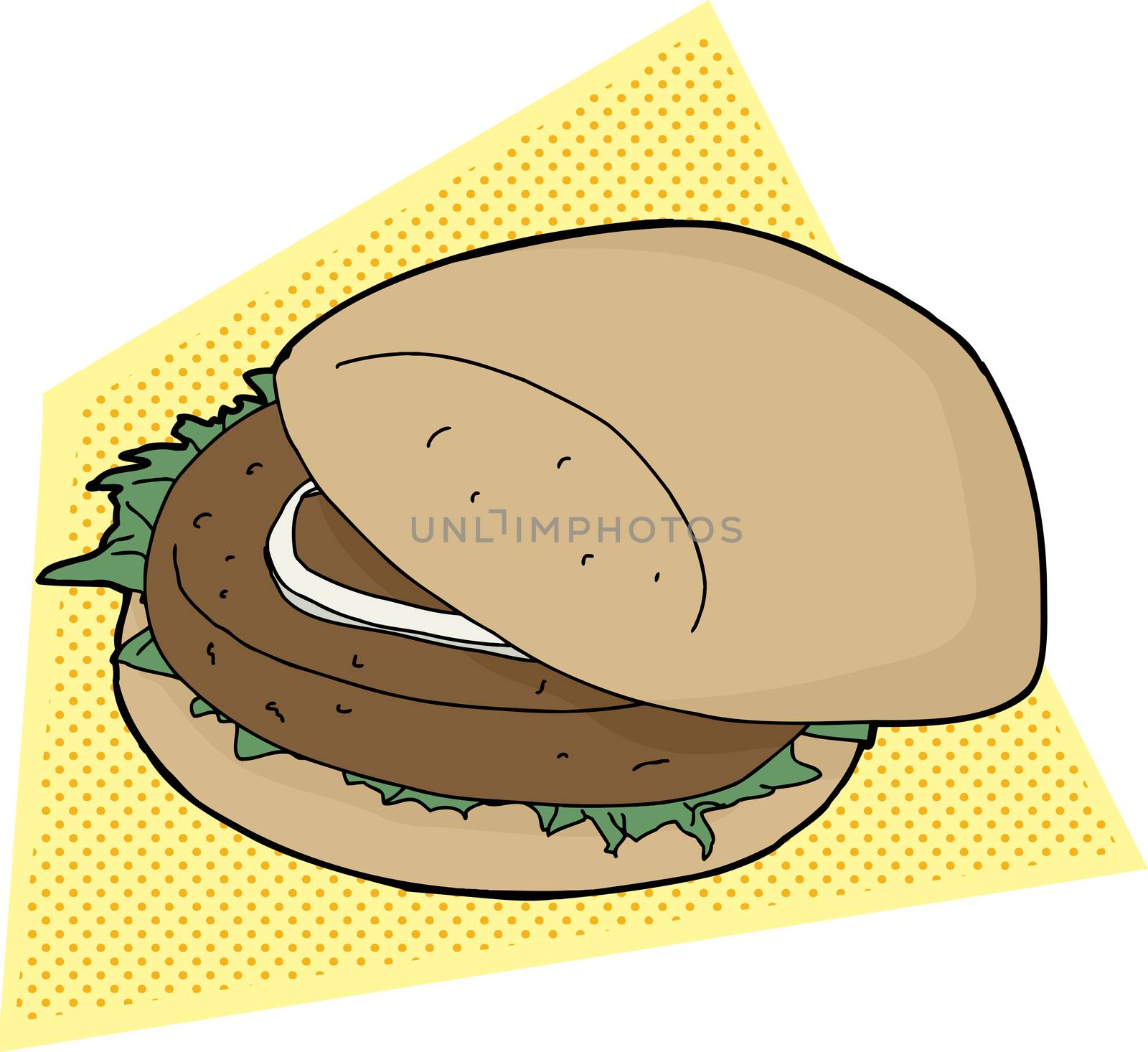 Burger with onion and lettuce on halftone background