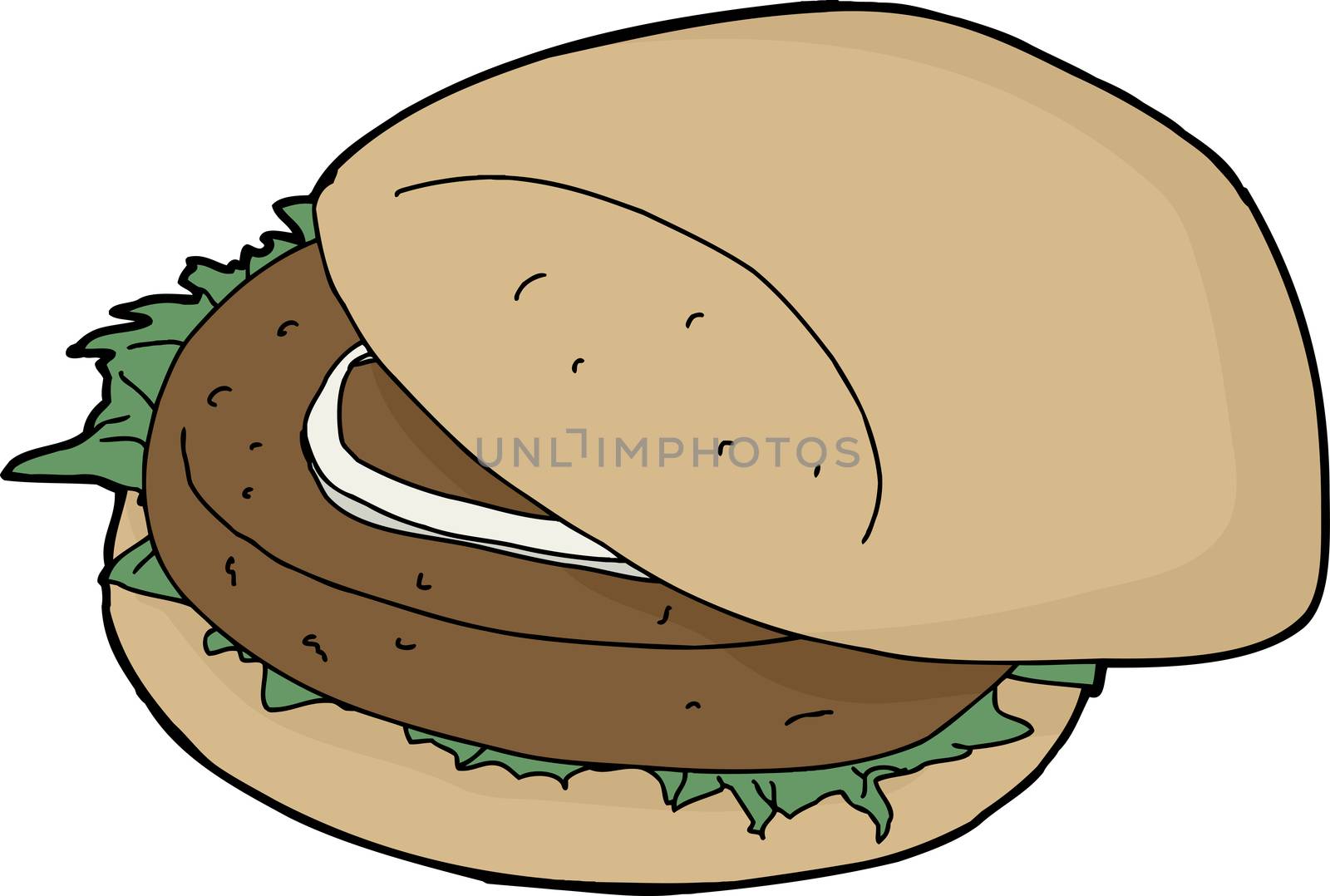 Isolated single burger with onion and lettuce