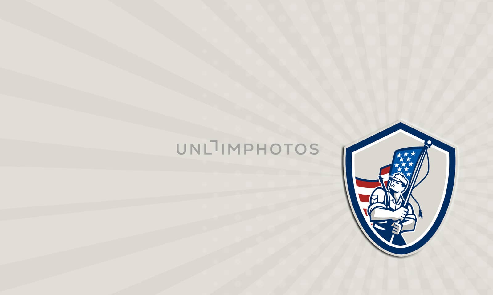 Business card illustration of an American soldier serviceman waving a USA stars and stripes flag viewed from front set inside shield crest shape done in retro style.