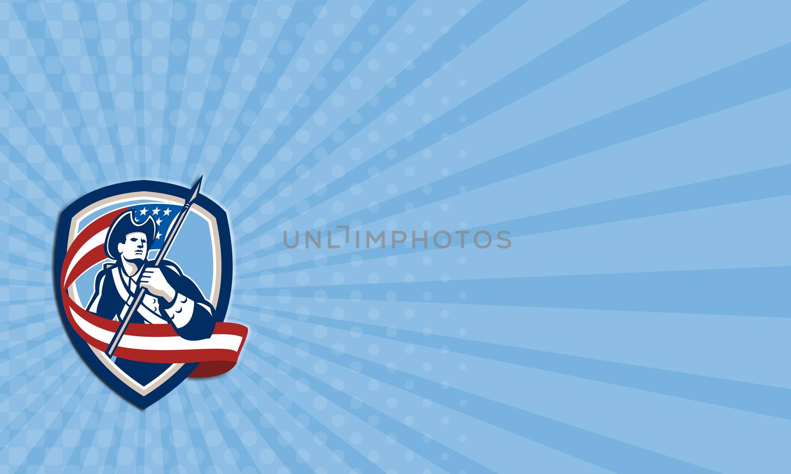 Business card illustration of an American Patriot revolutionary soldier waving USA stars and stripes flag looking to side set inside shield crest shape done in retro style