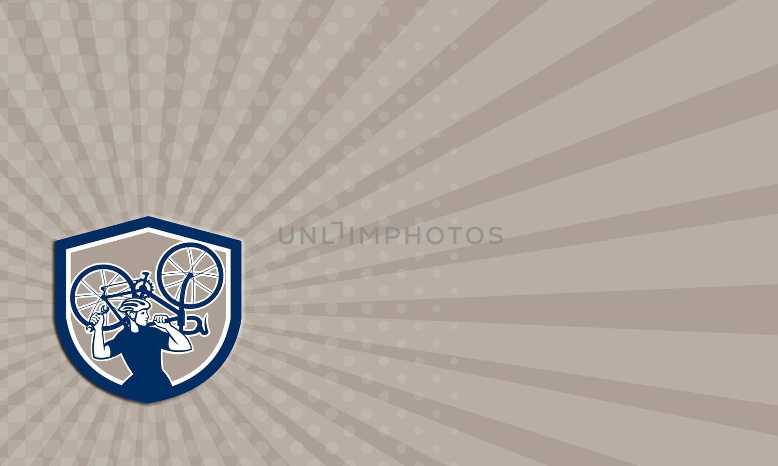 Business card illustration of a cyclist bicycle mechanic carrying racing bike on shoulder holding spanner wrench looking to side set inside shield crest shape done in retro style.