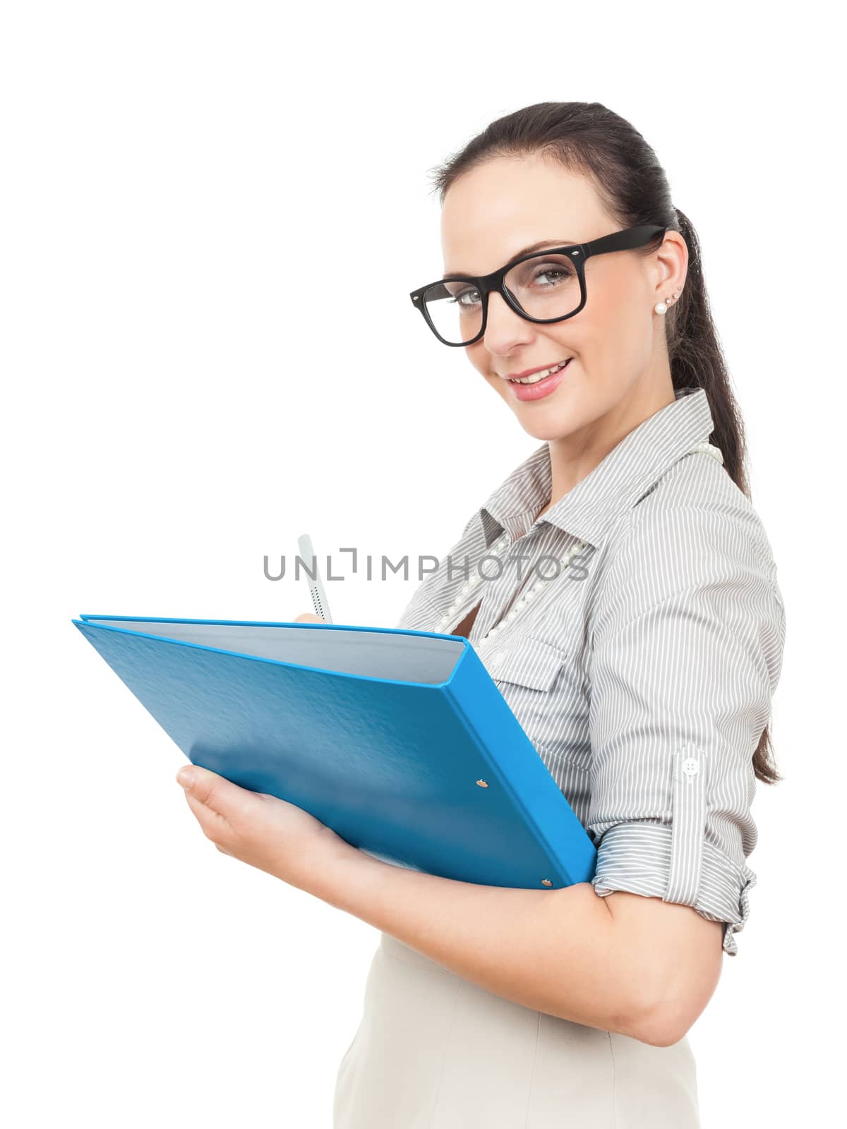 A business woman with a blue folder and a pencil
