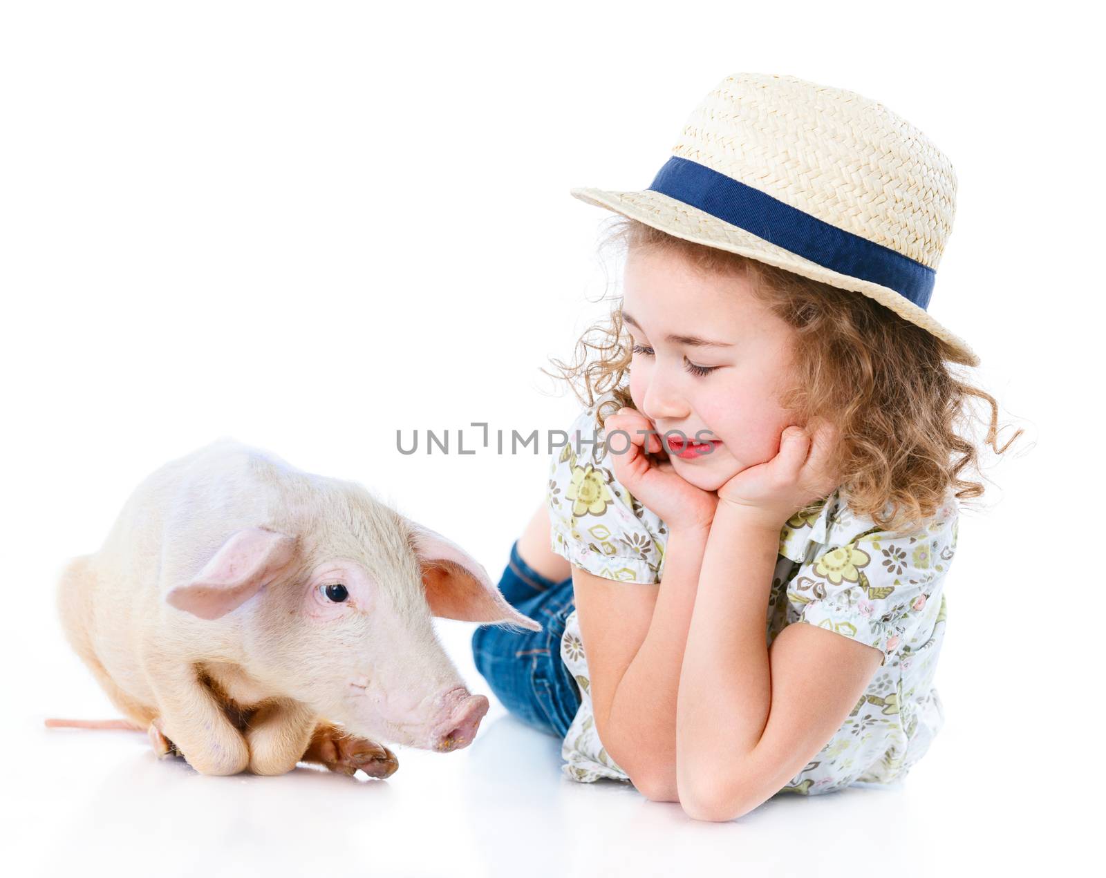 Little farmer. Cute girl with pig. Isolated on white background.