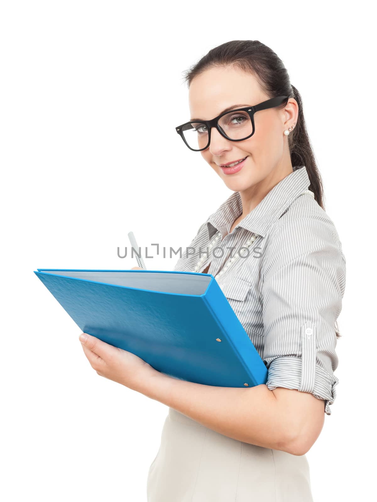A business woman with a blue folder and a pencil