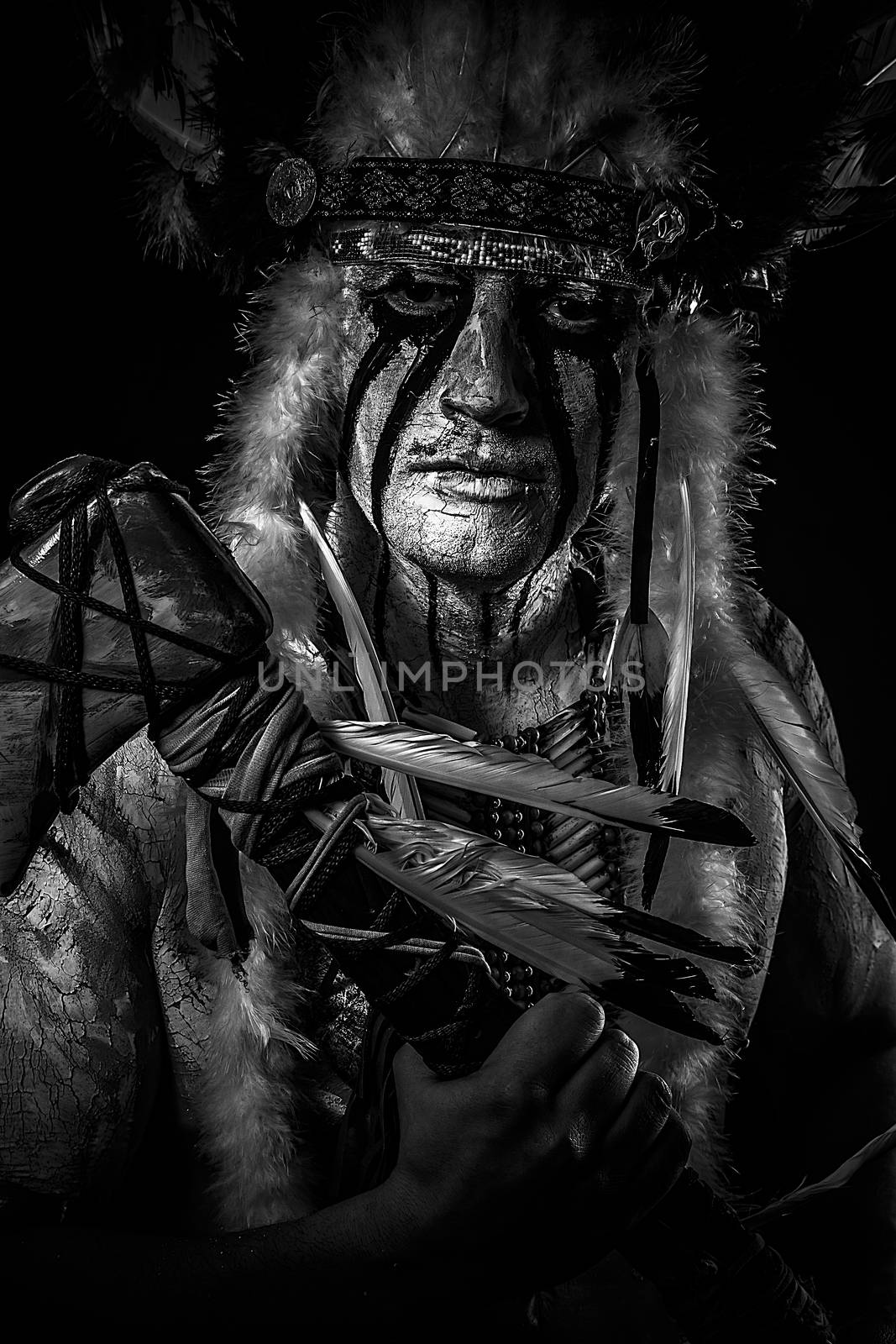 American Indian chief with big feather headdress, warrior by FernandoCortes