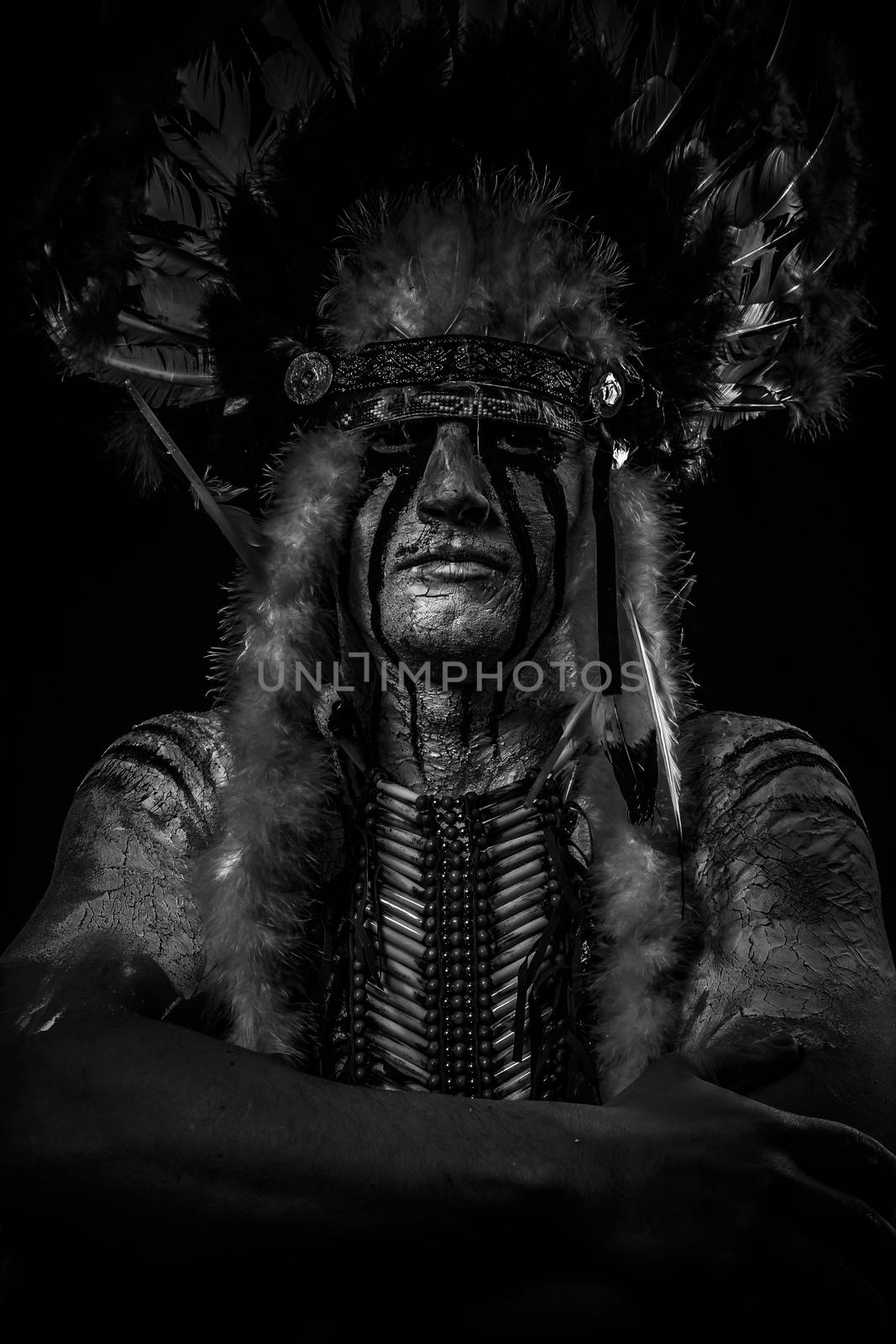 American Indian chief with big feather headdress, warrior