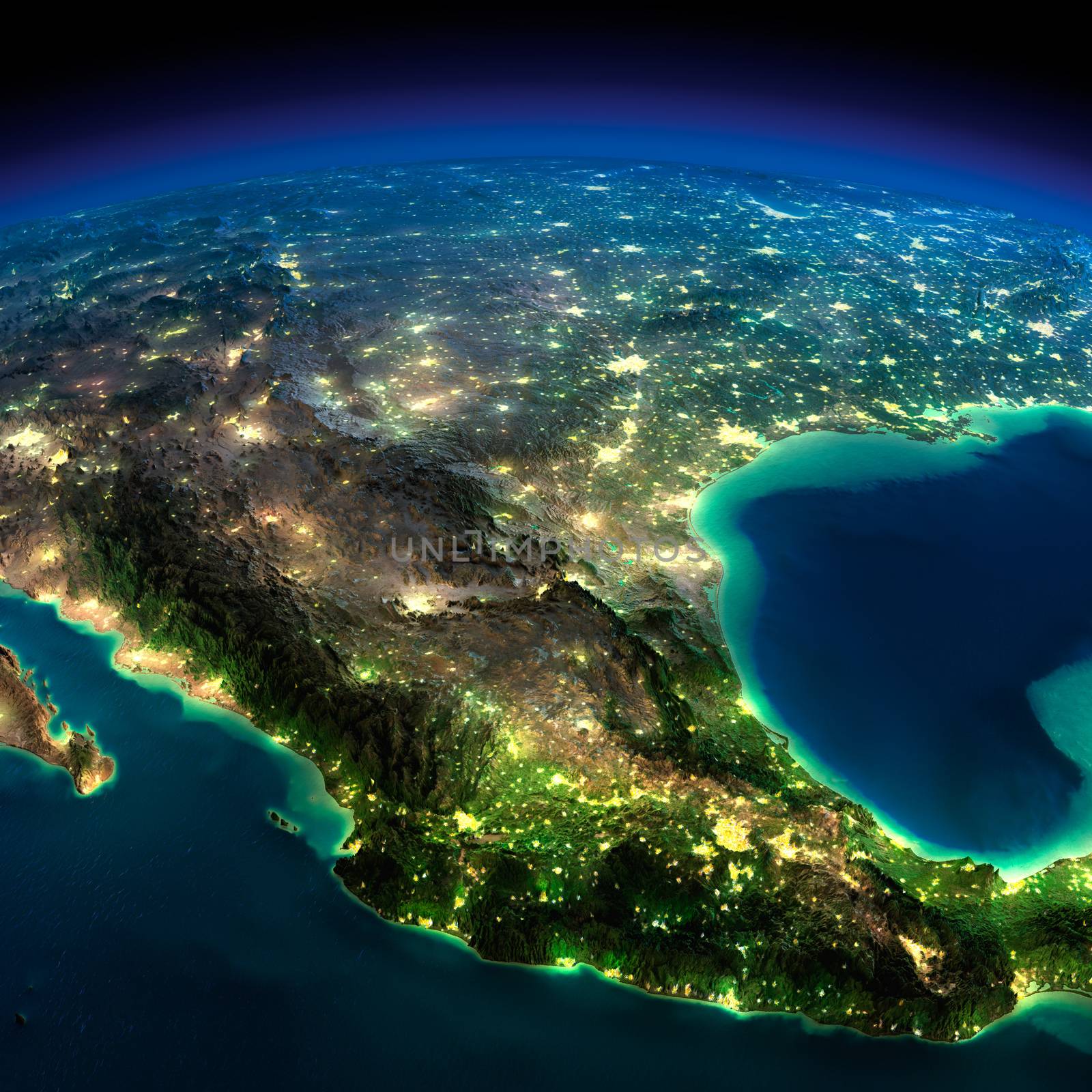 Highly detailed Earth, illuminated by moonlight. The glow of cities sheds light on the detailed exaggerated terrain. North America. Mexico. Elements of this image furnished by NASA