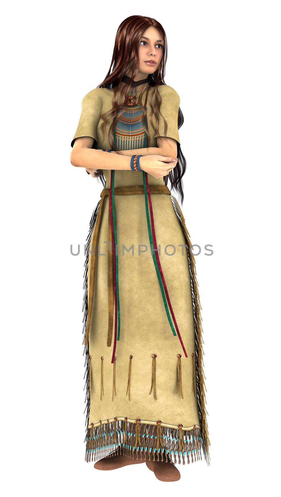 3D digital render of a beautiful native American young woman isolated on white background