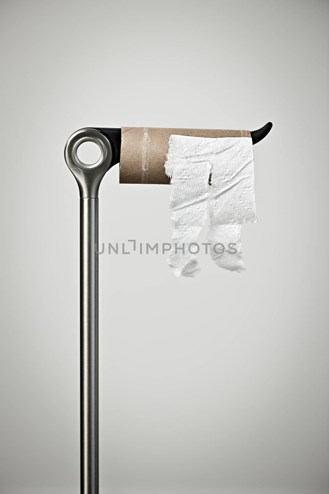Metal stand with empty toilet paper roll