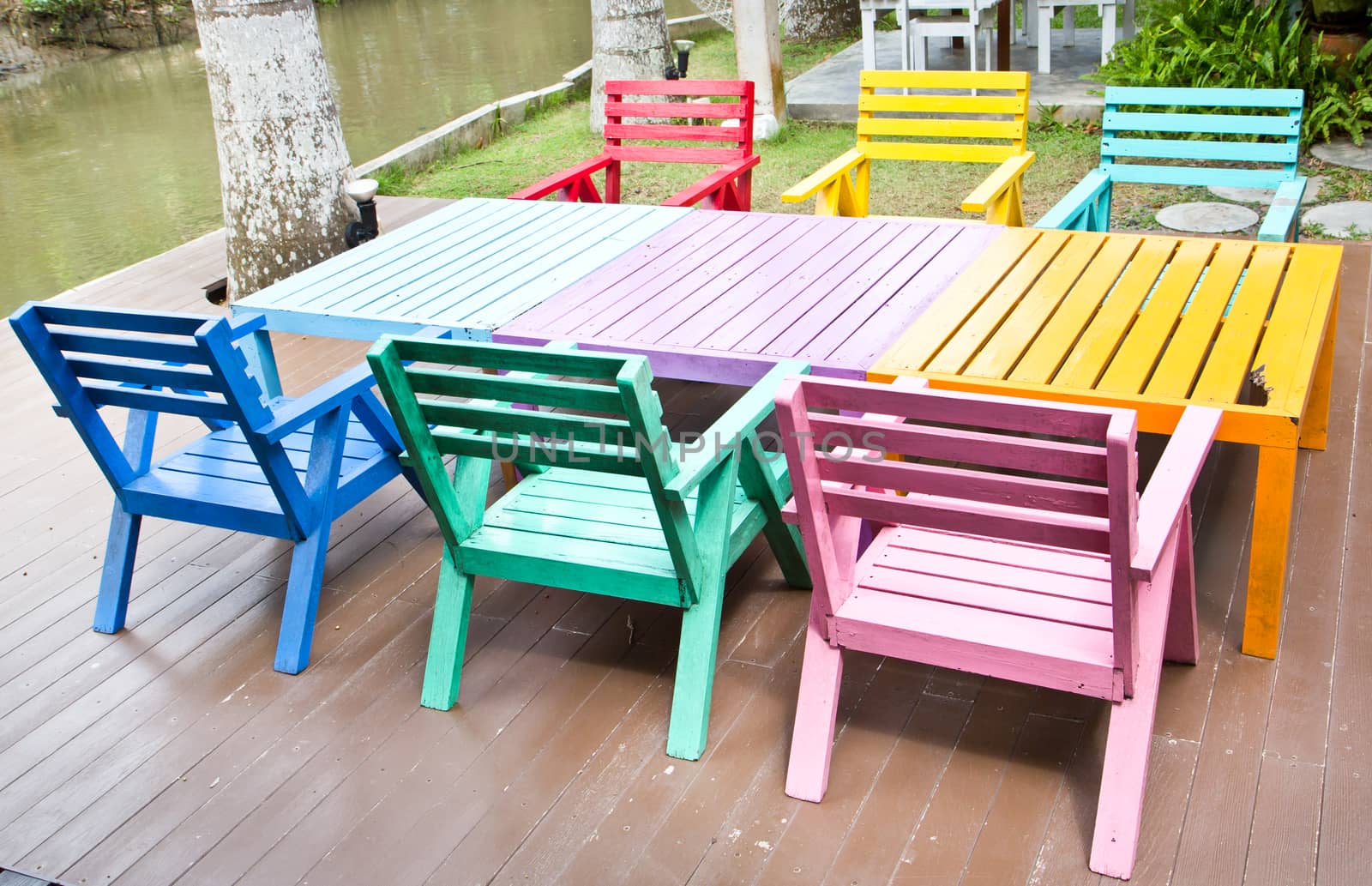 Colorful wooden armchairs