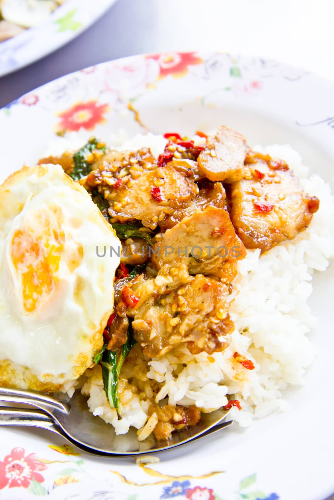 spicy pork with fired egg and rice