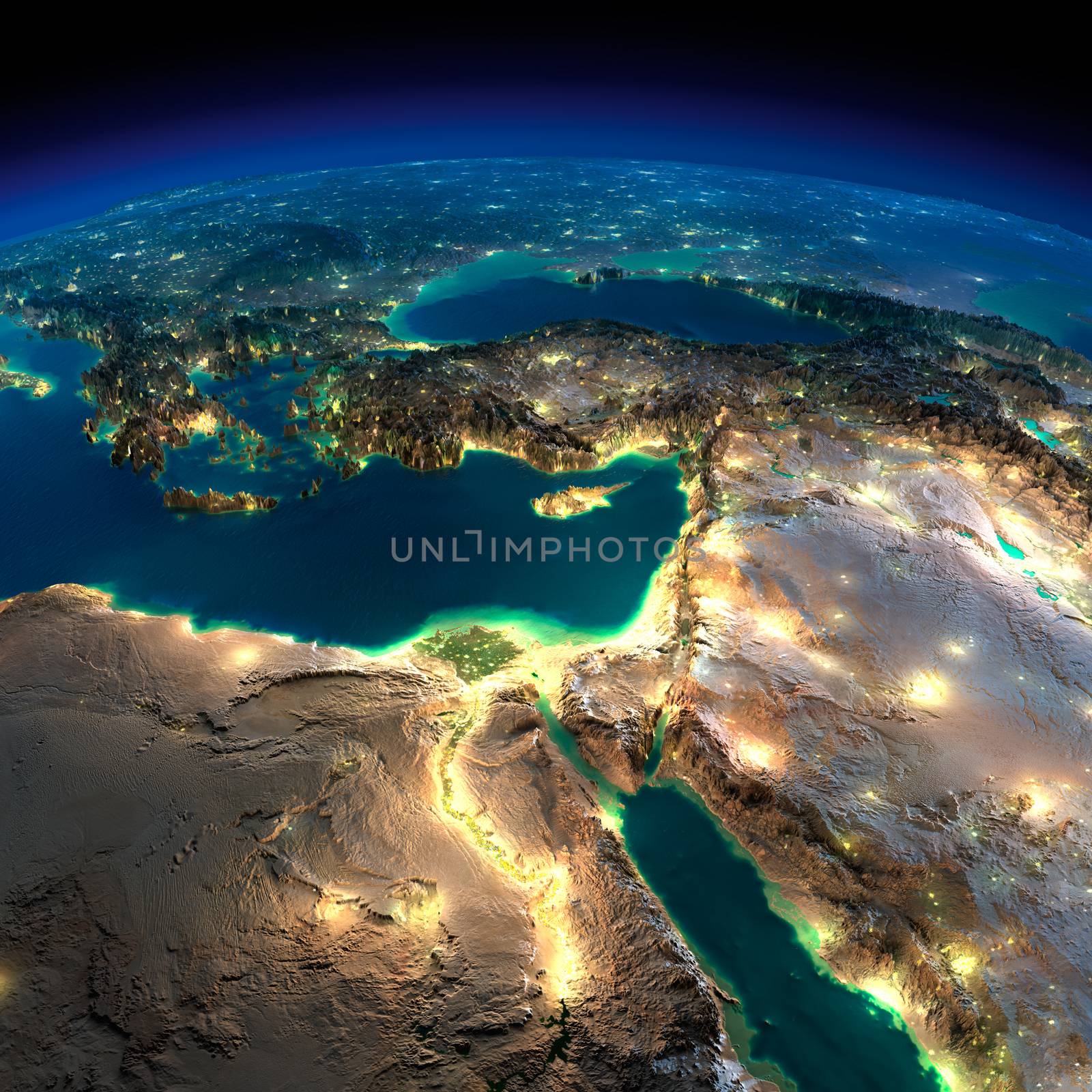 Highly detailed Earth, illuminated by moonlight. The glow of cities sheds light on the detailed exaggerated terrain. Night Earth. Africa and Middle East. Elements of this image furnished by NASA