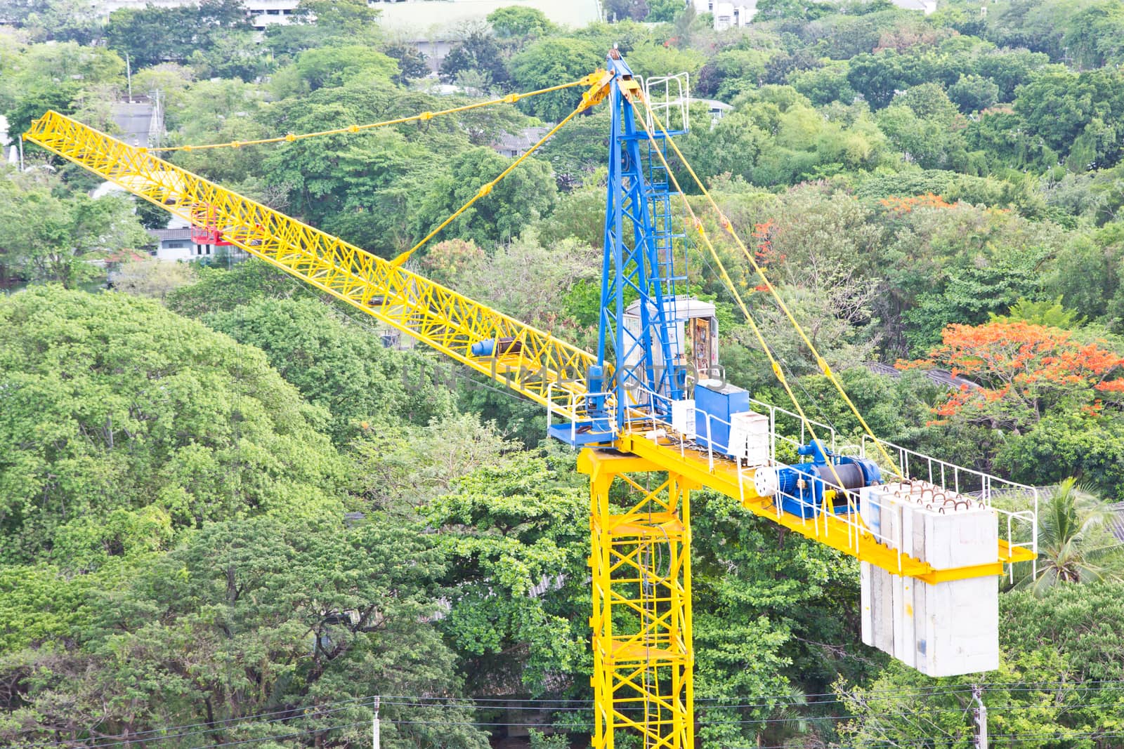 Crane and building construction site in green natural area