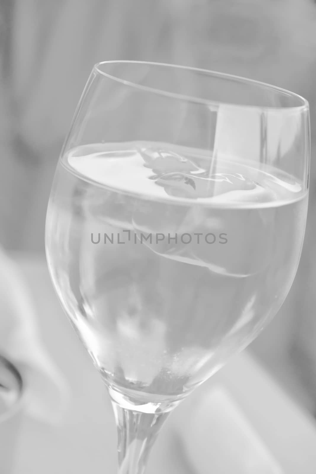 A white wine glass with water and ice cube.