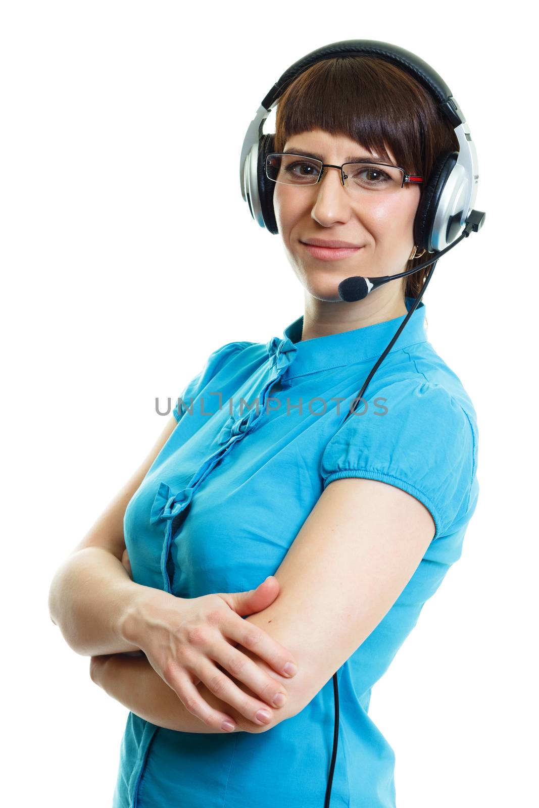 Beautiful young girl in headphones with a microphone. isolated on white background